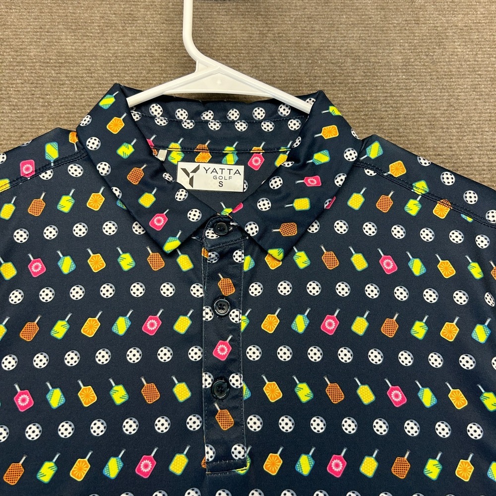 Yatta Golf Performance Polo Shirt Men's Small Pickleball Paddles Balls AOP